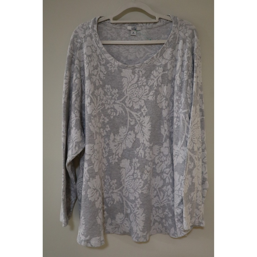 Cottagecore Floral Croft & Barrow Sweatshirt 3X Grey Jacquard Pullover Top
